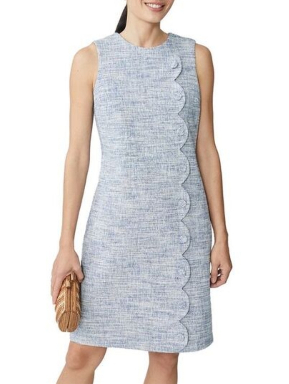 J. McLaughlin Blue & White Tweed Sheath Dress With Buttons + Scalloped Details